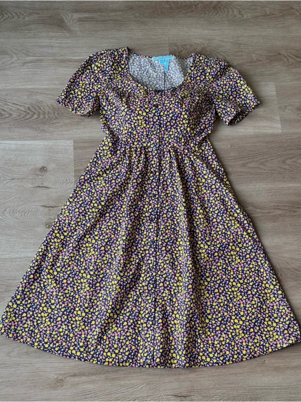 Draper James Navy Midi Dress with Yellow and Pink Floral Print
